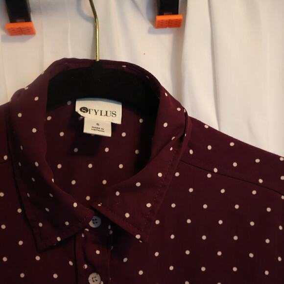 Stylus Button Up Blouse Women Size S Purple White Dot - Picture 5 of 16